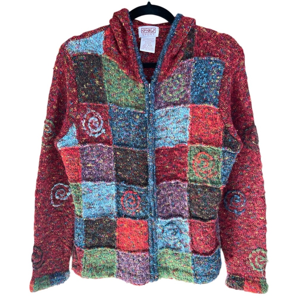 PBJ Sport Y2K Patchwork Zip-up Hoodie Sweater, size M multicolor vintage 80s/90s